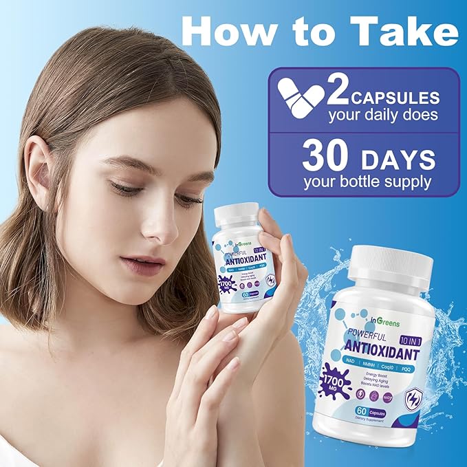 10-in-1 Antioxidants Supplement, 1700MG Super Antioxidant for Women and Men, Powerful Antioxidants with NAD, NMNH,Coq10, Resveratrol, Cell Repair & Reducing Free Radical Damage, 60 Capsules