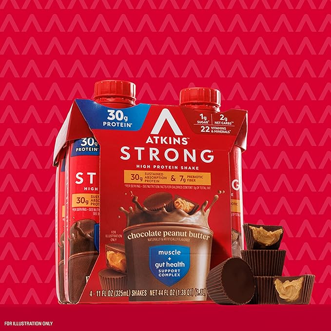 Atkins Strong High Protein Shake, Chocolate Peanut Butter Flavor, 30g Protein, Low Carb and Low Sugar Shake, Keto Friendly, Gluten Free, Muscle and Gut Health Support Complex (Pack of 24)