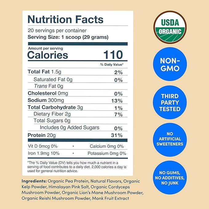Further Food Organic Vegan Protein Powder Vanilla – 20g Pea Protein with Mushrooms & Seaweed, Non-GMO, Gluten Free, Sugar Free, 20.46 Oz