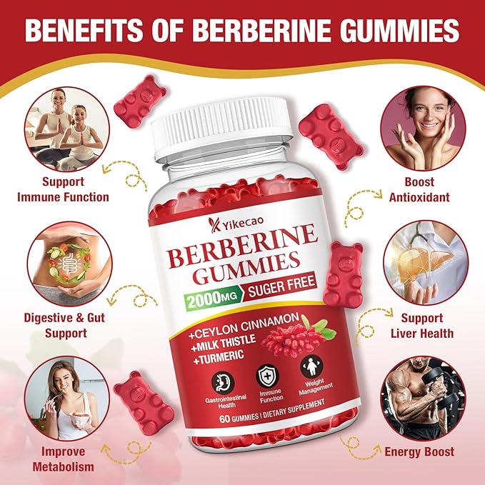2 Pack Berberine Gummies with Ceylon Cinnamon, 2000mg Berberine HCL Supplement for Women & Men, Sugar Free, Vegan, Non-GMO, Gluten-Free, Raspberry Flavor-120 Count
