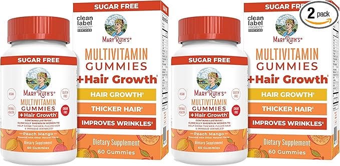 MaryRuth's Multivitamin + Hair Growth Gummies | with Lustriva® | Biotin 10000mcg | B Vitamins | Formulated for Thicker Hair, Wrinkles, Fine Lines, Skin Care | Ages 18+ | 30 Servings (Pack of 2)