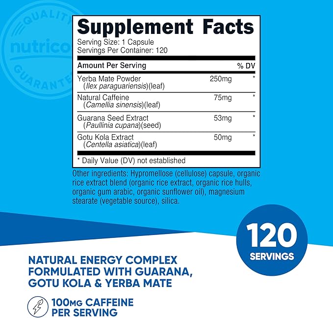 Nutricost Natural Energy Pills Complex 120 Capsules, 100mg Caffeine - Gluten Free - Non-GMO