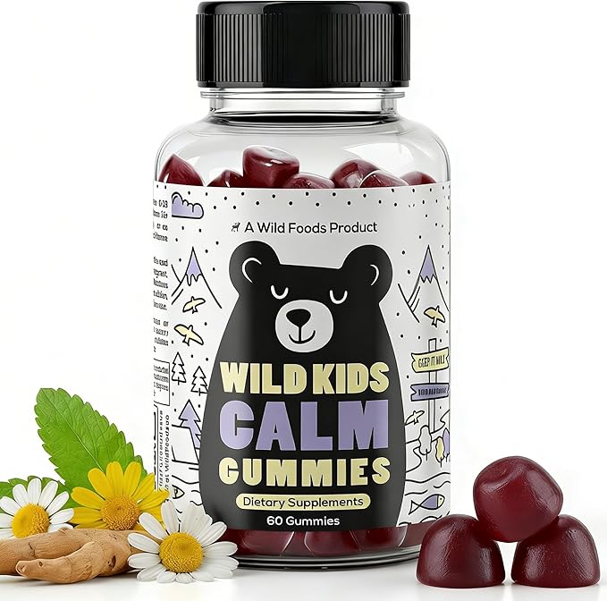 Wild Foods Kids Calm Gummies - Ashwagandha Gummies for Kids w/GABA, L-Theanine, Lemon Balm & Charmomile - Support Natural Relaxation, Stress Relief & Sleep, for Children 4+, Berry Flavor, 60 Count