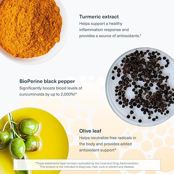 Youtheory Turmeric - 450 mg - with Black Pepper & Olive Leaf - Supports Joint & Brain Health* - Contains Bioenhancers, Curcuminoids & Herbal Extracts - 60 Tablets (20-Day Supply)