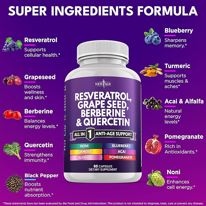 NEW AGE Resveratrol, Berberine, Grape Seed Extract, Quercetin, Supplement for Women and Men with Noni, N-Acetyl Cysteine, Acai - 120 Capsules