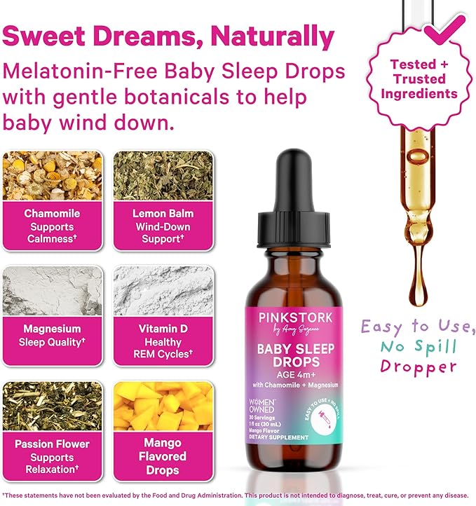 Pink Stork Baby Sleep Drops, Naturally Support Sleep Without Melatonin for Infants, Toddlers, and Kids, Aid Sleep with Chamomile and Magnesium, Baby Essentials for Bedtime, 1 oz, 30 Servings