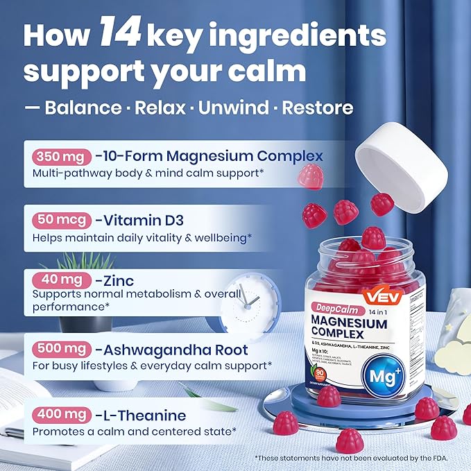 VEV Deep Calm Magnesium Complex 14-in-1 Gummies – 90 Count (Pack of 1) – with D3, Ashwagandha, L-theanine, Zinc – Magnesium Complex for Women and Men – No Added Sugar Vegan Magnesium Glycinate Gummies