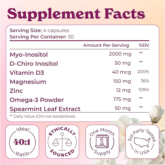 Myo-Inositol & D-Chiro Inositol 2000mg Per Serving for Women - Inositol 40:1 Formula with Spearmint, Vitamin D3, Zinc & Magnesium - Hormone Balance for Women, Ovarian Support - 120 Capsules - 1Pack