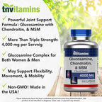 tnvitamins Glucosamine Chondroitin MSM Capsules, 240 Count | 4,000 mg Per Serving | 2,000 mg Glucosamine Sulfate 2KCl + 2,000 mg MSM & Chondroitin Blend | Joint Support Supplement