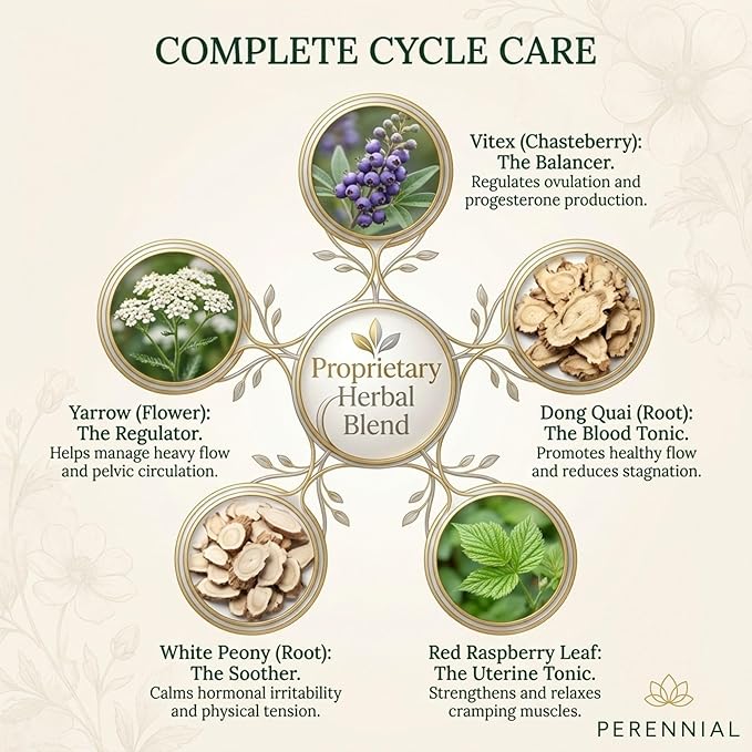 Perennial Healthy Cycles – PMS and Period Relief Supplement with Vitex, Dong Quai, and Raspberry Leaf – Supports Menstrual Balance and Comfort – Natural Formula for Women’s Cycle Health – 120 Capsules