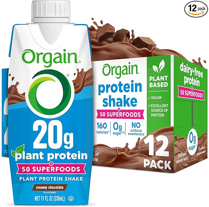 Orgain Vegan Protein Shake, Creamy Chocolate - 20g Plant Protein, Ready to Drink, 50 Superfoods, 0g Sugar, Gluten Free, No Artificial Sweeteners, No Soy or Dairy Ingredients, 11 Fl Oz (Pack of 12)
