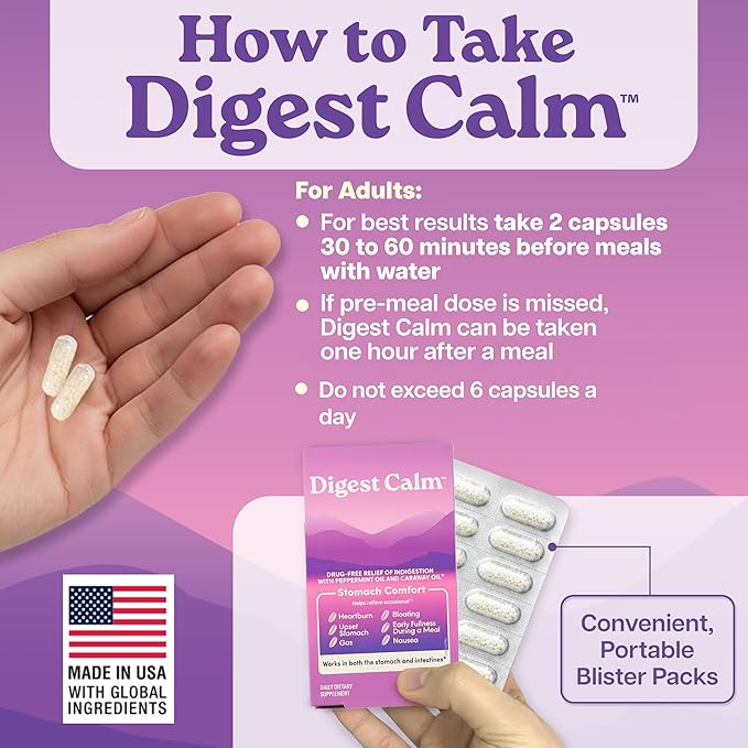 Digest Calm™ - Relief of Occasional Indigestion, Upset Stomach, Nausea, Gas, Bloating, Early Fullness - Herbal Supplement - 12 Capsules