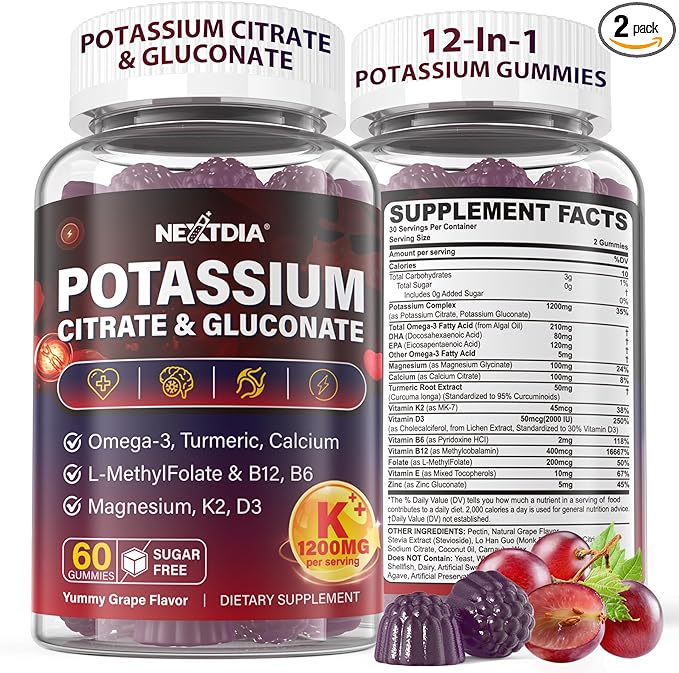 Potassium Citrate and Potassium Gluconate Supplement, 1200mg Two Forms of Potassium Gummies, w/Magnesium, Omega-3, Calcium, Vitamin D3 K2 B12 E B6, Folate for Mṵṣḉḷḙ, Nerves, Health Bones, 120Cts