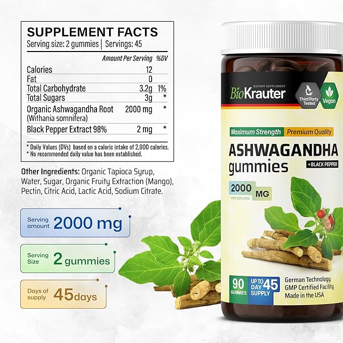 BIO KRAUTER® Ashwagandha Gummies for Mood Magic & Relaxation Support 2000 mg - Vegan Ashwagandha Supplements for Women & Men - 90 Relax Gummies - 45 Days of Supply, Mango Flavor - Non-GMO
