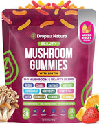 Drops Of Nature Mushroom Beauty Biotin Gummies – Tremella Lions Mane VIT C VIT E – 11-in-1 Mushroom Superfood Blend – Vegan Hair Skin and Nails for Women (Mixed Fruits, 30 Gummies)
