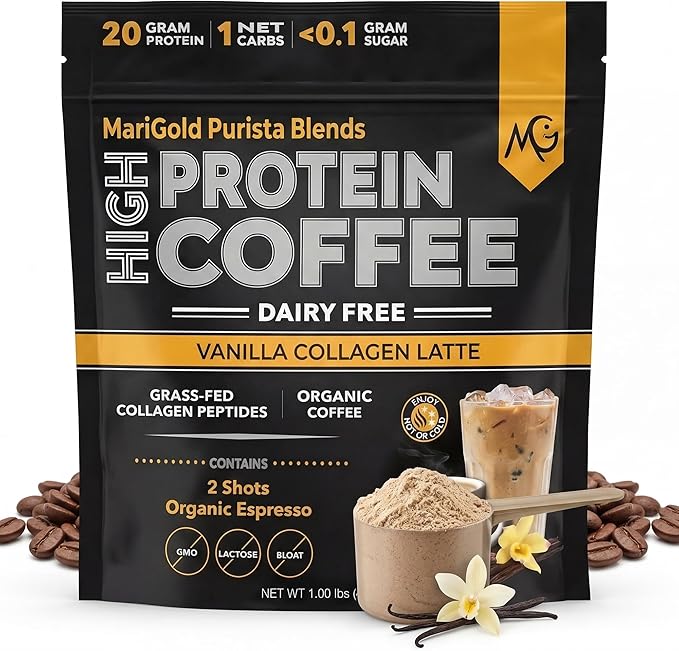 MariGold High Protein Collagen Coffee - Vanilla Collagen Latte, Dairy Free, 20g Grass-Fed Type I & III Collagen Peptides, Energy Boost, 2 Shots Organic Espresso, Non-GMO, 1 Lb Bag, 15 Servings