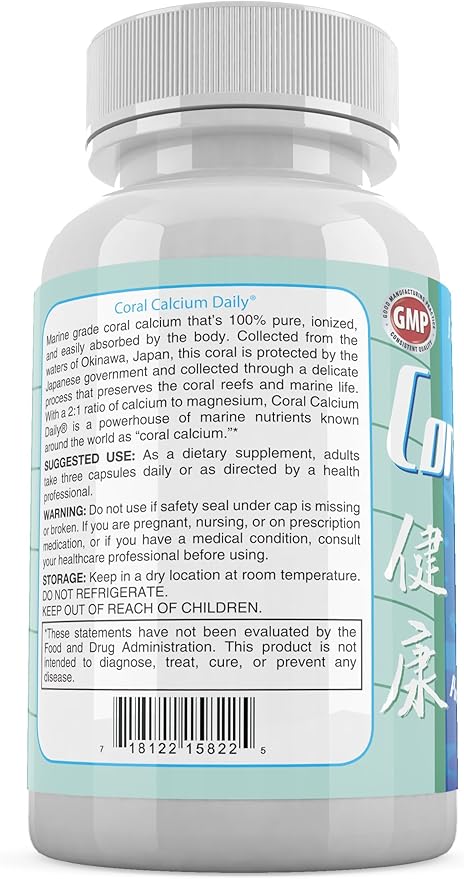 Daily Health, Coral Calcium Pure Okinawa - Marine-Grade Supplement with 72 Trace Minerals - 1475mg, 90 Vegetable Capsules (1 Month Supply)