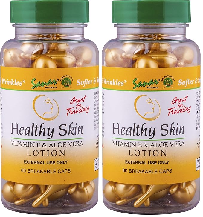 Sanar Naturals Healthy Skin Vitamin E Lotion with Aloe Vera Gel, 60 ct - Face Moisturizer SkinCare, Serum Capsules - Reduce Wrinkles, Dark Spots - Rapid Repair for Smooth HydratedSkin (Pack of 2)