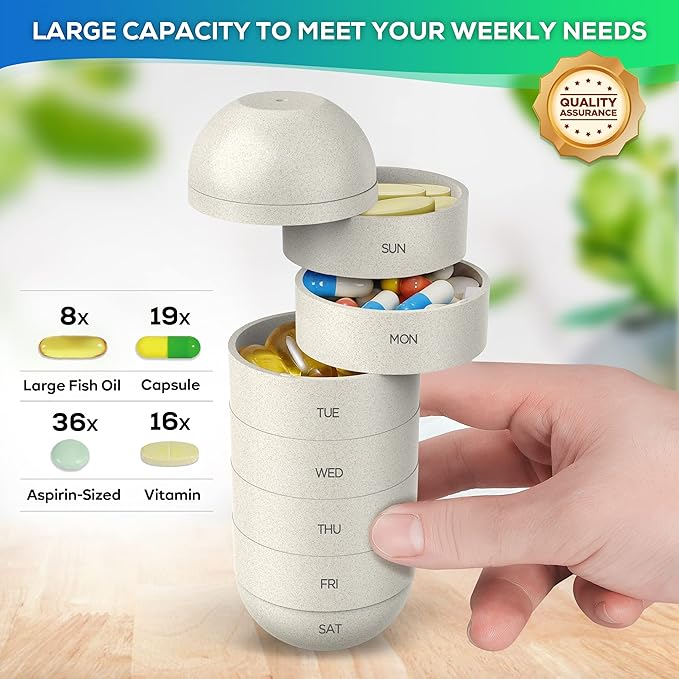 Zannaki Upgrade Large Compartment Grain Fiber Moisture Proof Cute Weekly Pill Organizer, Laser Carving Markings, BPA Free Travel Hiking 7 Day Pill Box Case to Hold Pills,Vitamins,Fish Oil,Supplements