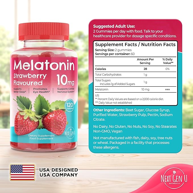 Melatonin Gummies - 10 mg Dietary Supplement - Strawberry Flavored - 120 Vegan Gummies - by NextGenU