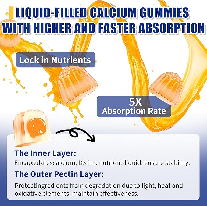 (2 Pack) Calcium Citrate with Vitamin D3 Gummies, 1200 mg Calcium Supplement for Women & Men, Supports Bone, Muscle & Teeth Health, Liquid-Filled Gummies with 5X Faster Absorption, Vegan - 120 Count