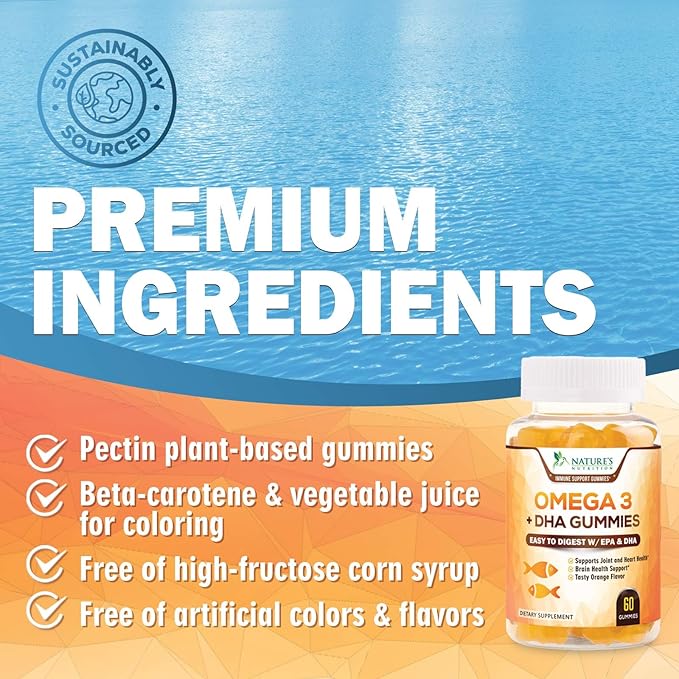 Omega 3 Fish Oil Gummies - Heart Healthy Omega 3 Gummy Supplement with High Absorption DHA & EPA, Extra Strength Joint & Brain Support, Delicious Orange Flavor Fish Oil Nature's Vitamin - 60 Gummies