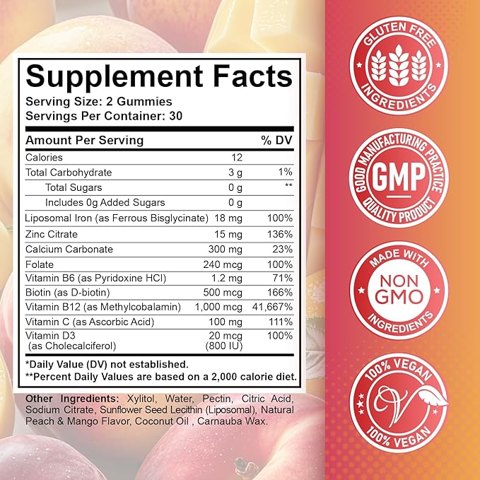 Iron Supplement Gummies for Adults & Kids - with Calcium, Zinc, Folate & Multivitamin - Blood Builder & Energy Support & Immune Health for Iron Deficiency, Anemia, Vegan -Peach & Mango Flavor,120ct