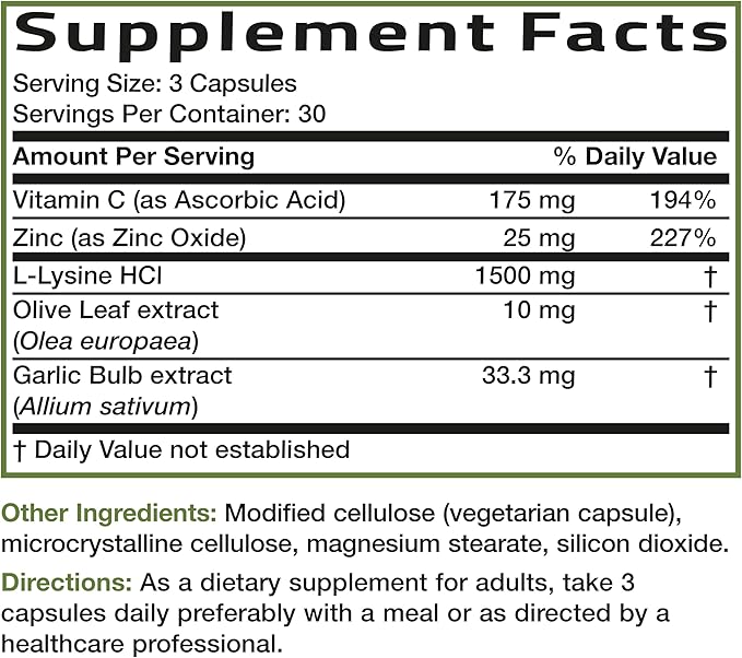 Bronson L-Lysine Defense Immune Support Complex 1500 MG L-Lysine Plus Olive Leaf, Garlic, Vitamin C and Zinc - Non-GMO, 90 Vegetarian Capsules