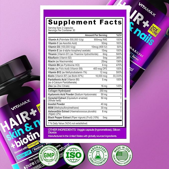 Biotin | Collagen | Keratin Booster with Hyaluronic Acid - Thicker Hair Growth, Healthy Skin & Stronger Nails Supplement – Extra Strength - Multi Vitamin B Complex - Women & Men - Made in USA - 60ct