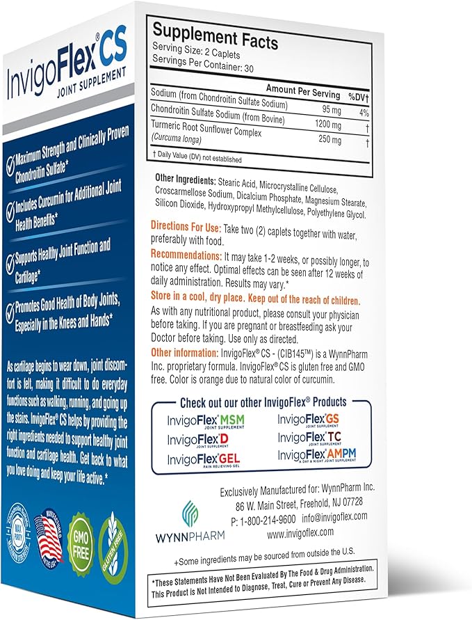 INVIGOFLEX® CS - Chondroitin Sulfate with Turmeric Curcumin Non GMO for Knee, Hand, Back & Hip Premium Joint Supplement