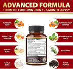 7 in 1 Turmeric Curcumin + Apple Cinder Vinegar Capsules, 6 Month Supply with Ashwagandha, Ginger, Garlic Bulb, 180 Capsules
