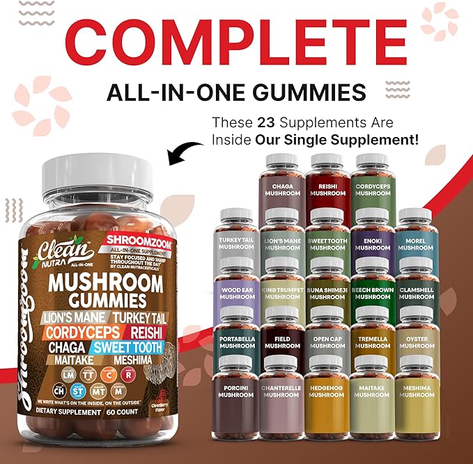 15in1 Mushroom Gummies with Lion's Mane Turkey Tail Cordyceps Reishi Chaga Sweet Toot Maitake Meshima Poria Cocos Shiitake Tremella, Oyster Agaricus Mushrooms for Men and Women Supplement Clean Nutra