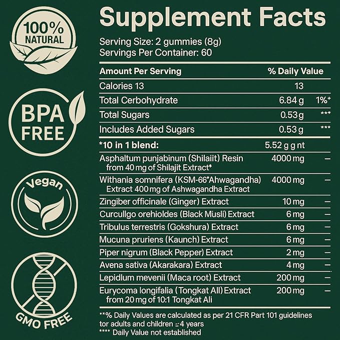 Alpha Gummies 10 in 1 for Men | 4000mg Himalayan Alpha Shilajit Gummies for Energy & Immune | 75% Fulvic Acid, 85+ Trace Minerals, Ashwagandha, Gokshura | No Added Sugar, Non-GMO, 60 Count (1)