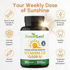 ForestLeaf Vitamin D3 10,000 IU | VIT D - VIT D3 Vitamin D Supplements for Women and Men | Bone Health, Teeth and Immune Support | Easy to Swallow Pills | High Potency Daily, 6-Month Supply, 180 Caps