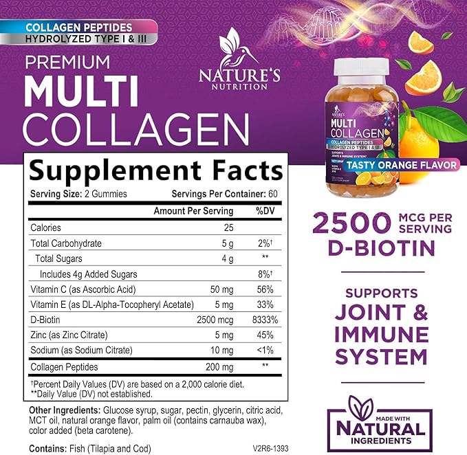 Collagen Peptides Gummies with 2500mcg Biotin Per Serving - Hair Growth, Skin & Nails Supplement - Hydrolyzed Collagen Multi Type I & III, Vitamin C for Immune Support, Orange Flavor, 120 Gummies