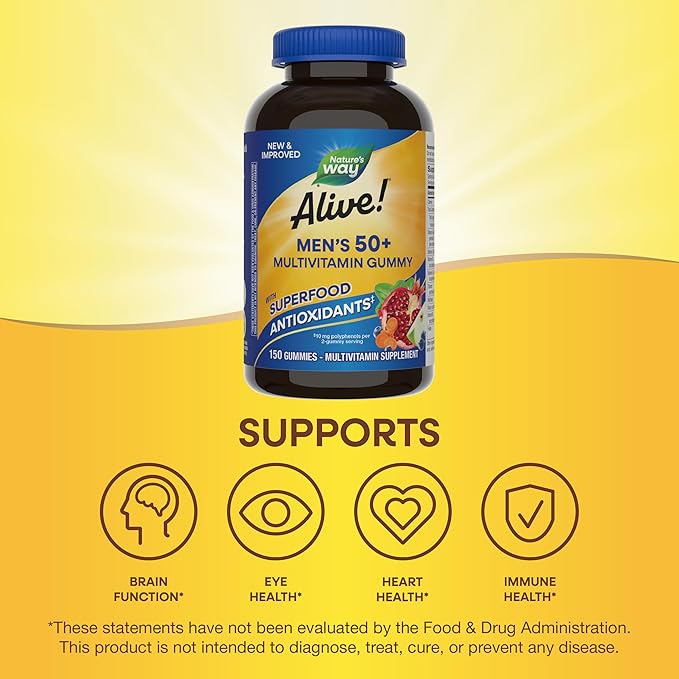 Nature's Way Alive! Men’s 50+ Daily Gummy Multivitamins, Supports Healthy Brain, Eyes, Heart*, B-Vitamins, Gluten-Free, Fruit Flavored, 150 Gummies (Packaging May Vary)