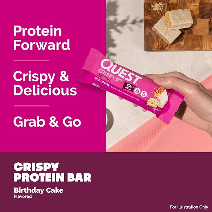 Quest Nutrition Crispy Birthday Cake Protein Bar, 17g Protein, 1g Sugar, 2g Net Carbs, Gluten Free Protein Snack, Keto Friendly, 12 Count