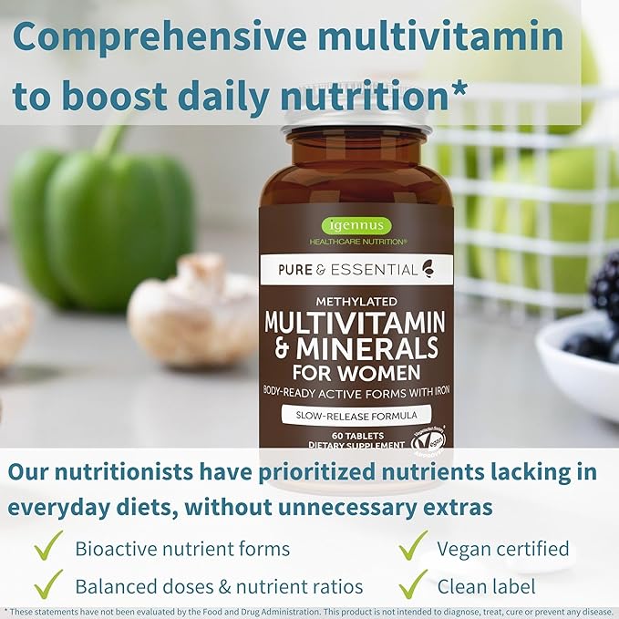 Igennus High Potency Methylated Multivitamin for Women, Pure & Clean Ingredients, MTHFR Supplement with Active B-Vitamins, Vitamin K2 MK7, Gentle Iron, Sustained Released, Non-GMO & Halal, 60 Tablets