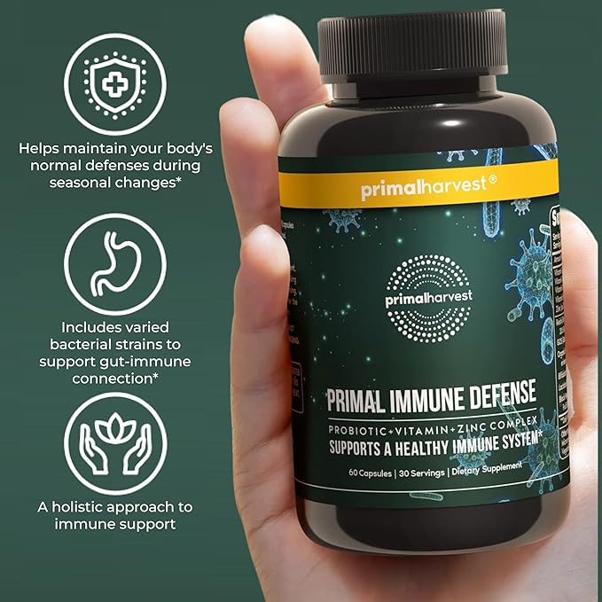 Primal Harvest Primal Immune Defense: 10-in-1 Immune Support with Probiotics, Zinc, Vitamins C, B6, D3 & K2, Immune Booster for Adults 60 Capsules (2-Pack)