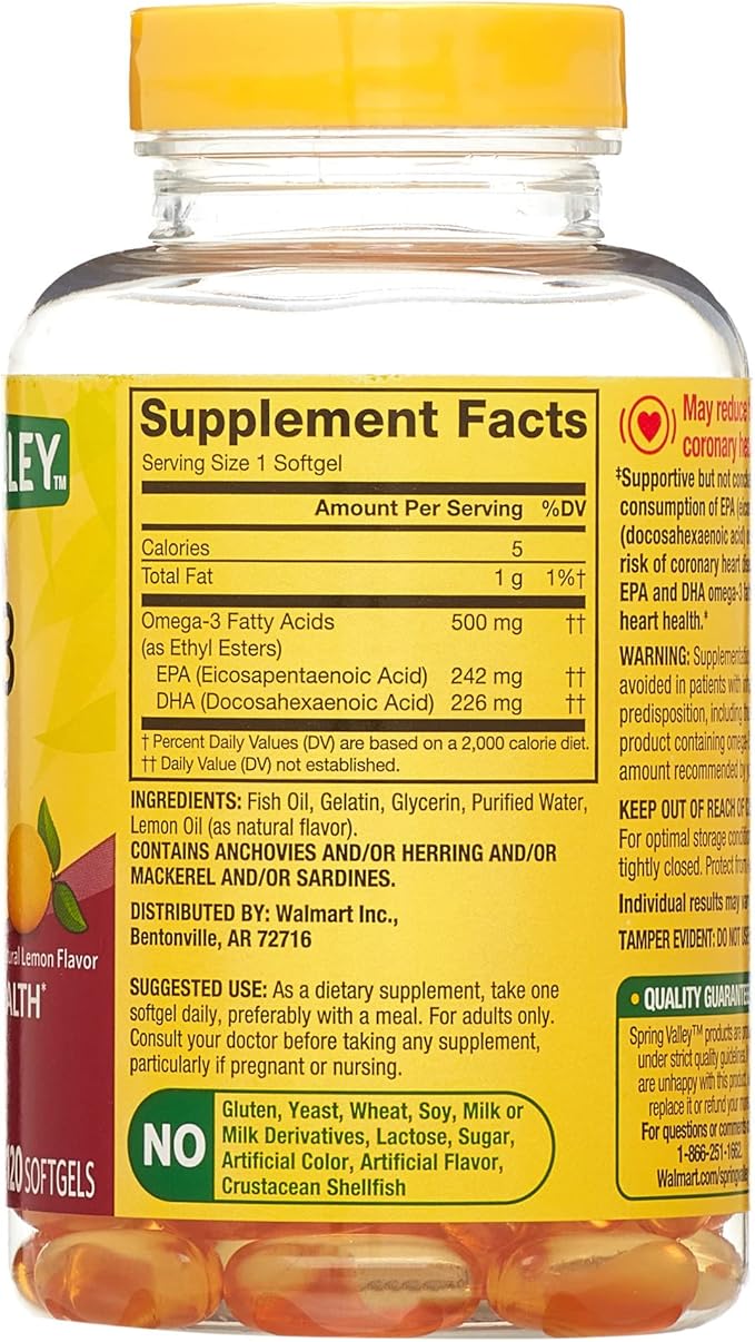 Spring Valley Omega-3 from Fish Oil 500 mg 120 Count, SoftGels, General & Heart Health Dietary Supplement Bundle with Luall's 45 Diabetes Decoded