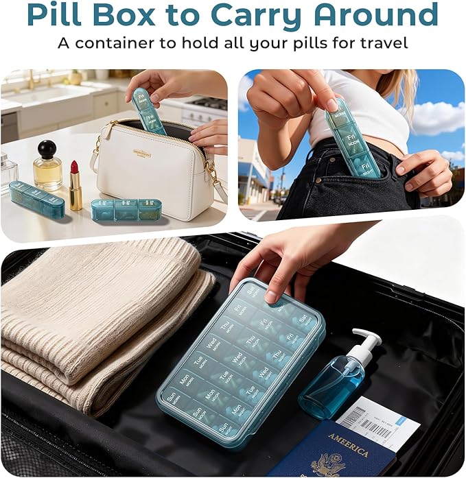 Daviky Pill Organizer 3X a Day, Weekly Pill Box 7 Day, Travel Pill Case with Large Containers, Pill Case for Vitamins, Medication, Supplements and Fish Oils