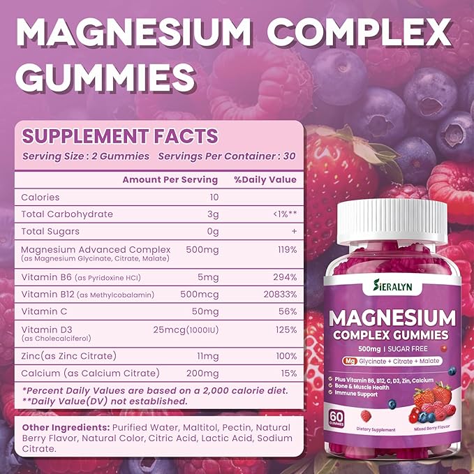 Magnesium Complex Gummies 500mg - Magnesium Glycinate, Citrate, Malate with Vitamin D3, C, B6, B12, Zinc & Calcium, Magnesium Supplement Chewable Support Calm, Muscle, Mood - Vegan 120 Counts