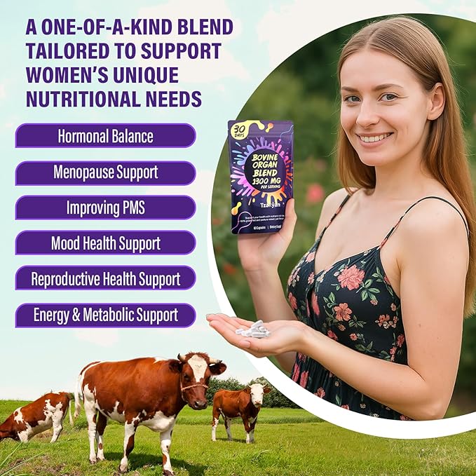 1300MG Beef Organ Supplement for Women, 100% Grass Fed Beef Liver, Uterus, Ovary & 3 More, Bovine Organ Capsules for Supports Women's Overall, Endocrine Balance, Energy, Immunity, 30 Days