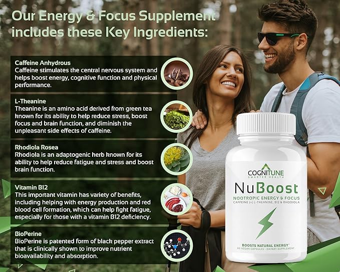 Caffeine Pills 100mg with L-Theanine & B12 – Natural Energy + Focus Supplement – Clean Energy Pills for Men & Women – Caffeine L Theanine Nootropic – 60 Vegan Capsules