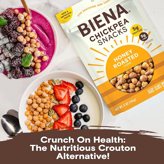 BIENA Chickpea Snacks - Crunchy Roasted Chickpeas - High Fiber Protein Snacks for Adults and Kids - 4-Pack, 5 Ounce Bags - Honey Roasted
