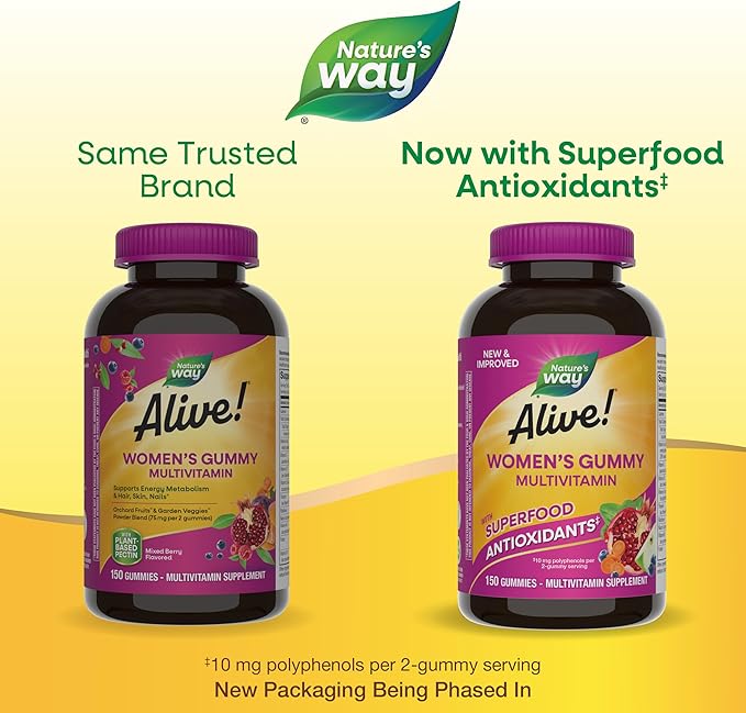 Nature's Way Alive! Women's Daily Gummy Multivitamins, 16 Vitamins & Minerals, Energy Metabolism*, Hair Skin & Nails*, Vegetarian, Mixed Berry Flavored, 150 Gummies (Packaging May Vary)