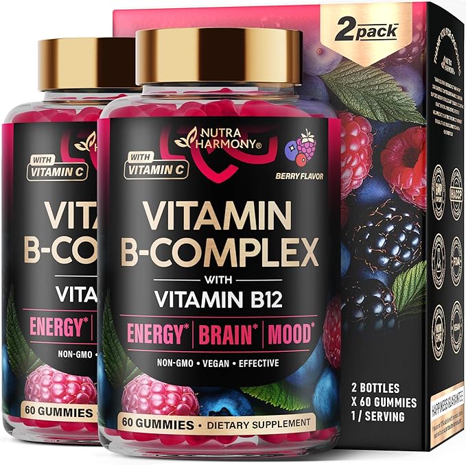 Vitamin B-Complex Gummies for Women & Men - Vitamin B12, B1, B2, B3, B5, B6, B7 & B9 - B Complex with Vitamin C & Choline - Energy, Brain & Mood - Natural Berry Flavor, Vegan - 60 Gummies 2 Pack