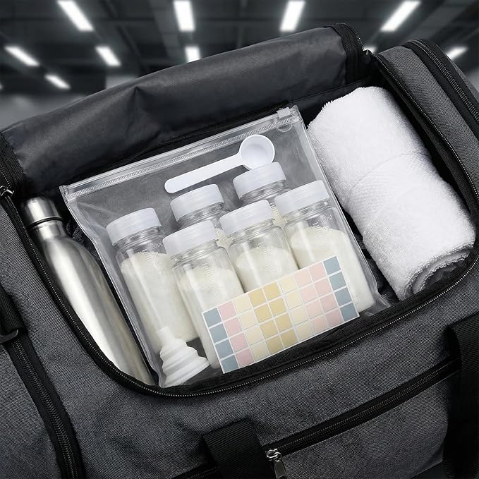 Protein powder travel container, 6 Pack 100ml Reusable Bottles with Funnel, Labels, Storage Pouch & 5g Scoop, Portable Supplement Storage for Gym & Trips