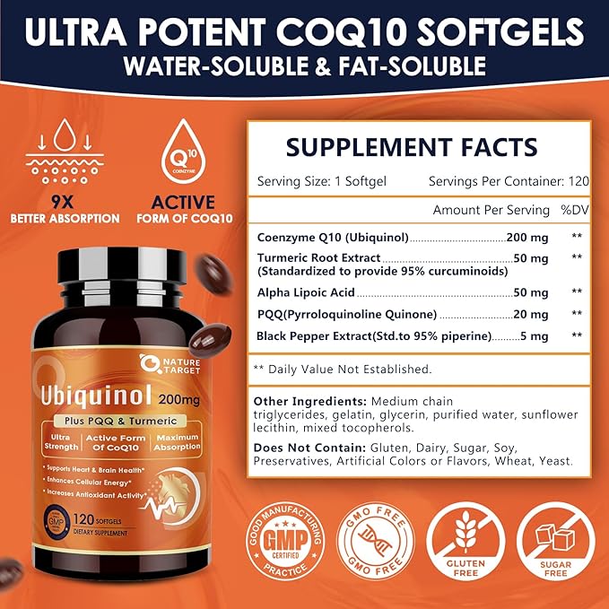NATURE TARGET Ubiquinol CoQ10 200mg softgels with PQQ & Turmeric, High Absorption Coenzyme Q10 Supplement with ALA & Black Pepper, Antioxidant for Heart & Brain Health, Energy Production, 120 Count