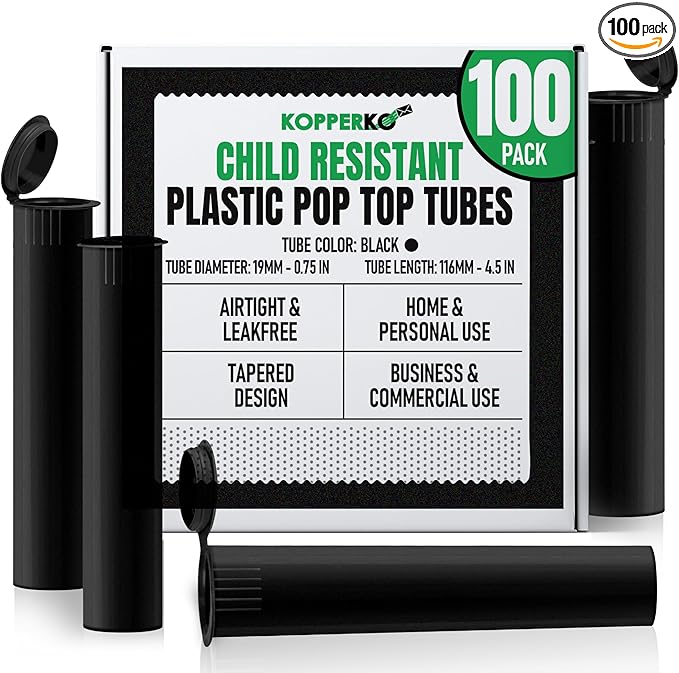 Kopperko Plastic Pill Containers (116mm, 4.6 Inch 100-Pack) Child Resistant Smell Proof Tubes, Black Tube for Spices | Smell Proof, Airtight, UV Resistant & Waterproof (Black Plastic)